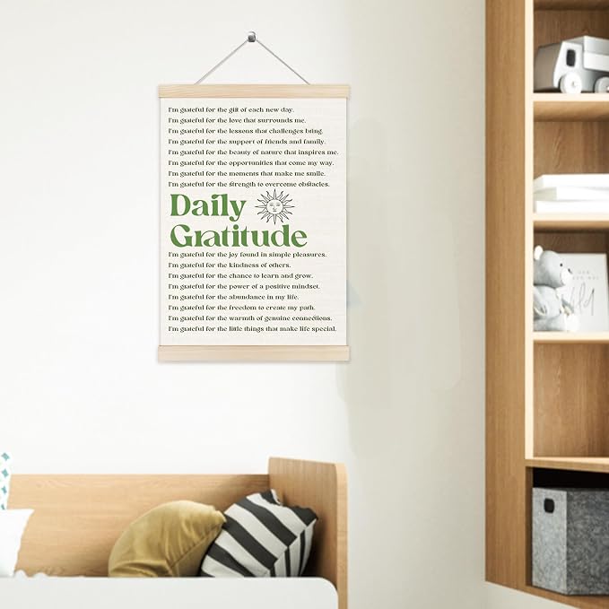 Welshower Vintage Daily Gratitude Positive Affirmations Poster Hanger Frame, Retro Motivational Wall Art Prints Decor for Home Bedroom Dorm Office Yoga Studio Framed, 12x16 Inch（green）