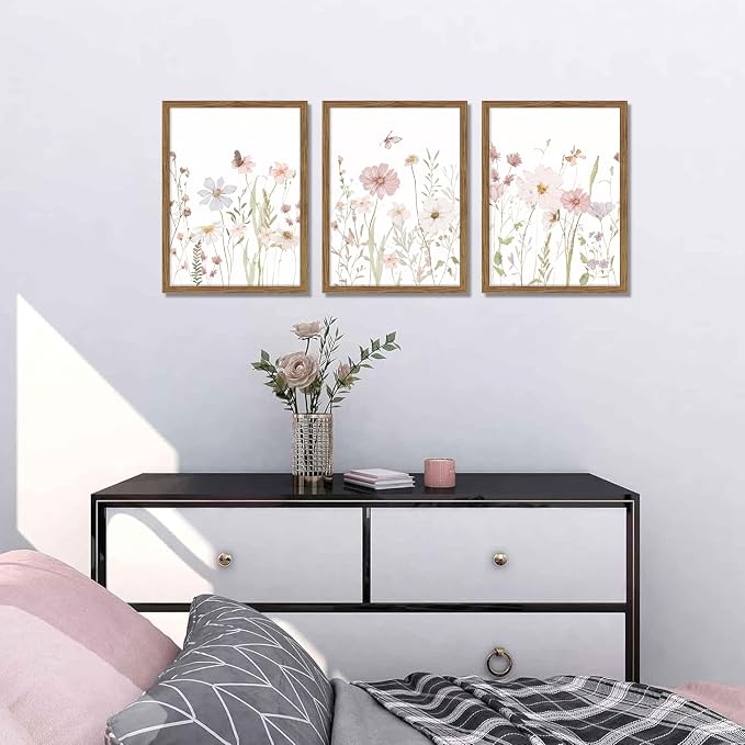 Framed Wildflower Wall Art Set of 3, Pink Floral Canvas Wall Decor Pictures, Vintage Flower Botanical Paintings, Nursery Flowers Butterfly Posters Prints for Bedroom Living Room 12x16 Inch