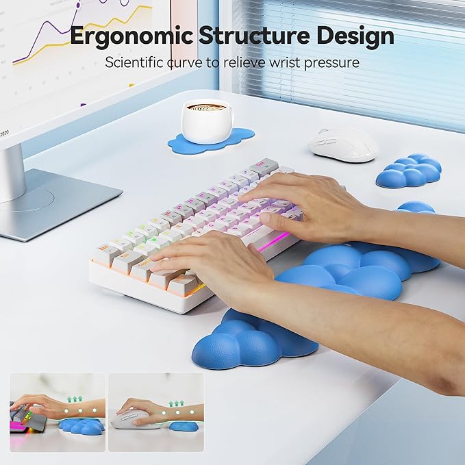 TECKNET Cloud Keyboard Wrist Rest Set, Cloud Wrist Rest with Non-Slip Base, PU Leather Wrist Pad for Keyboard with Ergonomic Memory Foam for Computer Laptop Office Gaming and Pain Relief, Blue