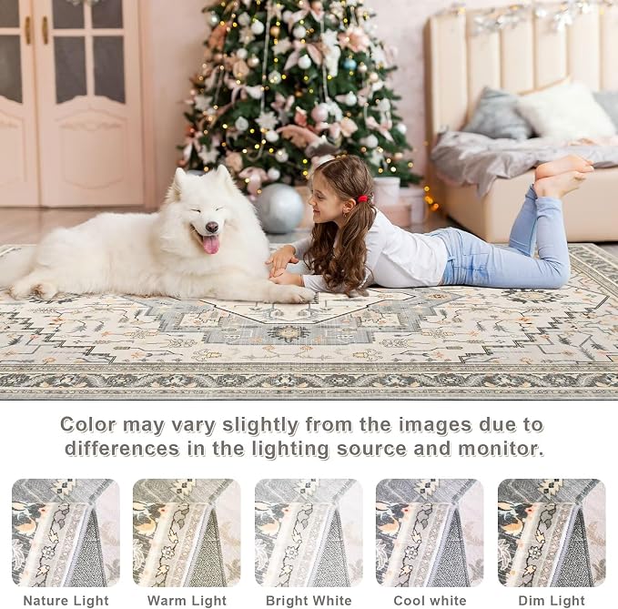 Macgace 4x6 Grey Beige Area Rug for Living Room, Machine Washable Rugs with Non-Slip Backing for Bedroom, Vintage Medallion Carpet Kitchen Laundry Kids Room Decor