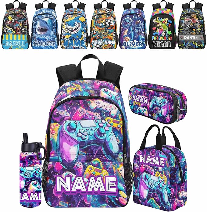 Personalized Gamer Player Kids Backpack for Boys-Custom School Backpack and Lunch Box Set with Name-Back to School Supplies for Preschool Elementary Kindergarten-Cool Colorful Casual Bookbag Schoolbag
