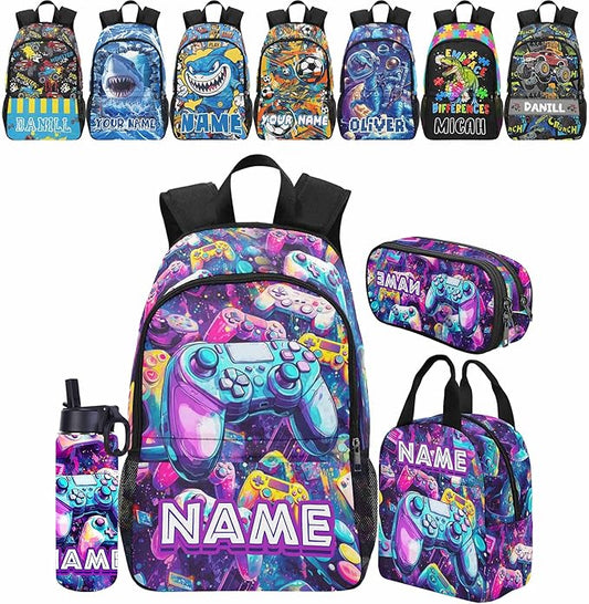 Personalized Gamer Player Kids Backpack for Boys-Custom School Backpack and Lunch Box Set with Name-Back to School Supplies for Preschool Elementary Kindergarten-Cool Colorful Casual Bookbag Schoolbag