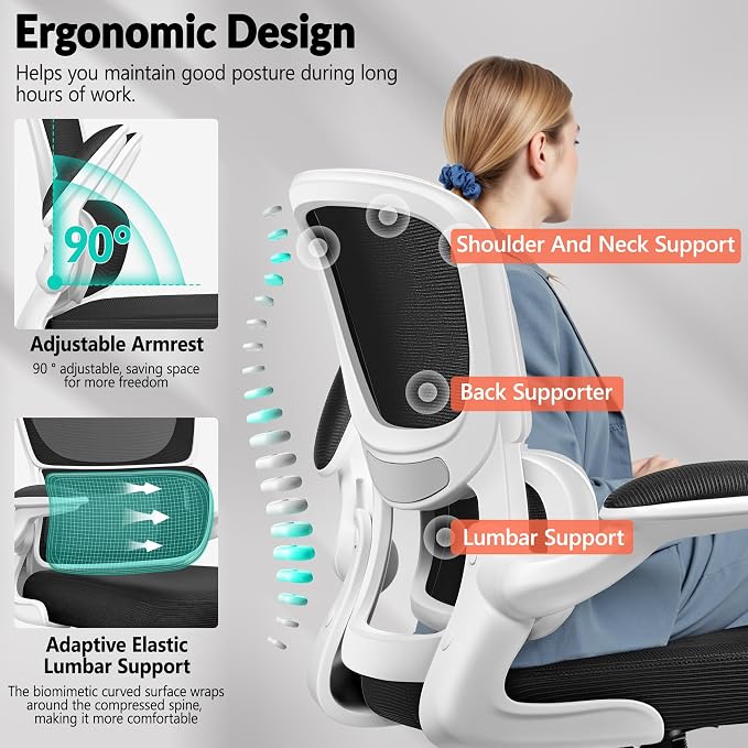 BESTFAIR Ergonomic Mesh Office Chair, Breathable Mesh Computer Desk Chair, Adjustable Lumbar Support, Flip-up Armrests, Executive Swivel Chair for Home Office, White