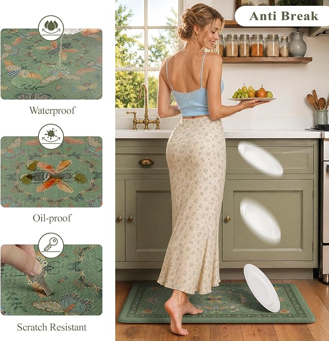 KIMODE Kitchen Mats for Floor Cushioned Anti Fatigue Kitchen Rugs Sets of 2 | 17 x29+17"x47", Sage Green,Vintage Butterfly,Non Slip Waterproof,Memory Foam,Standing Mats,for Laundry Sink Office Home Decor