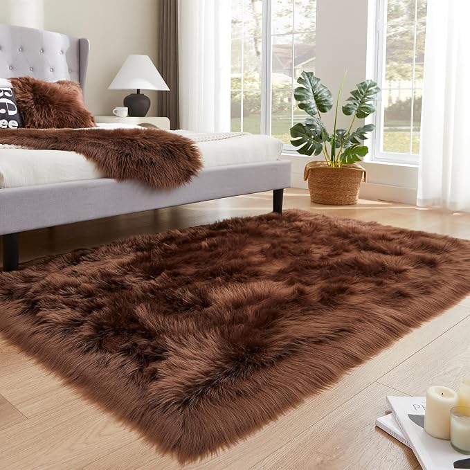 EasyJoy Ultra Soft Fluffy Shaggy Area Rug Faux Fur Rug Chair Cover Seat Pad Fuzzy Area Rug for Bedroom Floor Sofa Living Room (4 x 6 ft Rectangle, Coffee)