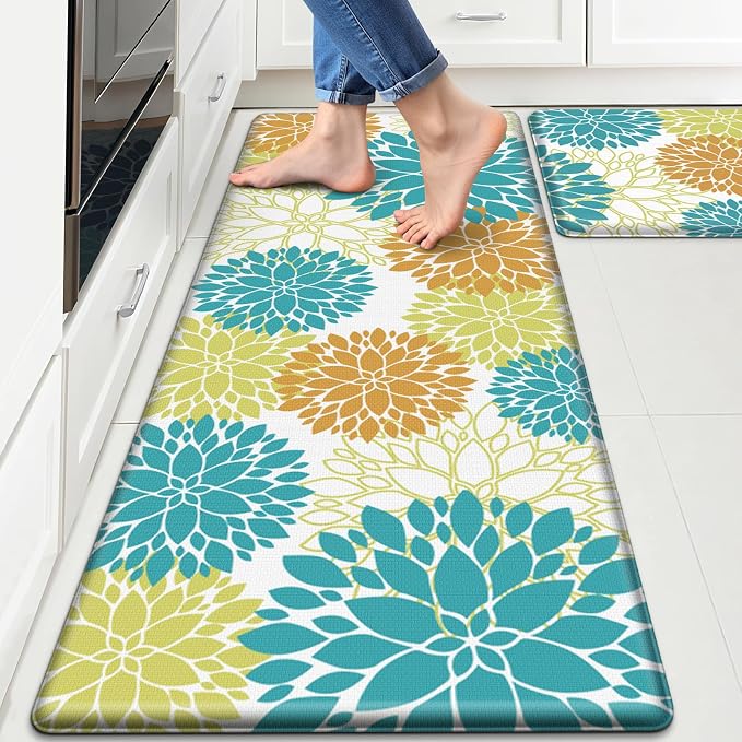 StepLively Kitchen Mats for Floor 2PCS, Anti Fatigue Mats for Kitchen Floor, Kitchen Accessories for Sink, Office, Laundry, 17.3"×30"+17.3"×47", Yellow and Green