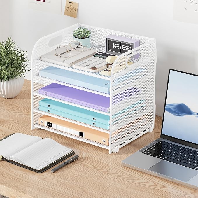Cawukege 5 Tier Paper Organizer with Handle, White Metal Mesh Desk Organizer File Folder Paper Letter Tray Desktop Document Sorter for Classroom, School, Office Accessories Organization and Storage