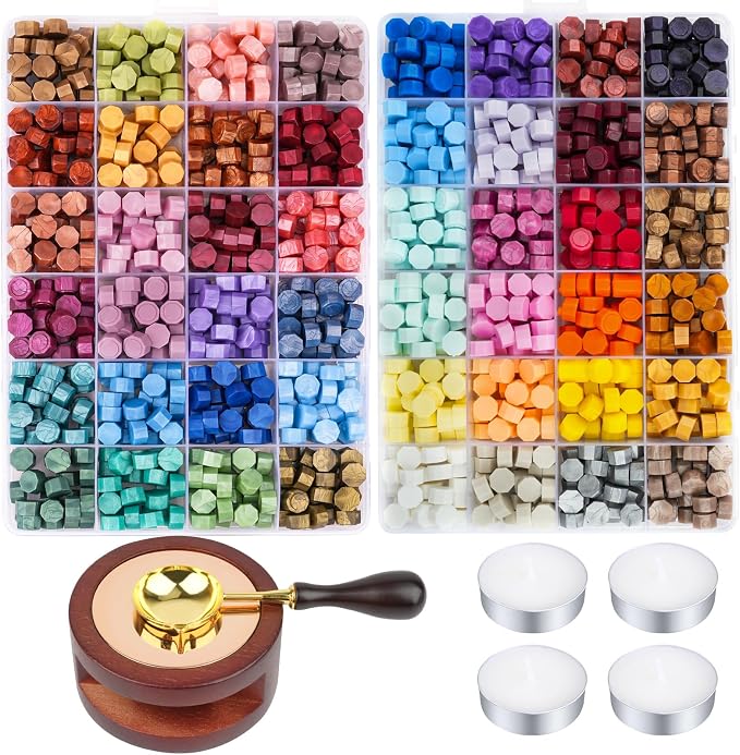 Aottom Wax Seal Kit, 48 Colors 1248 Pcs Sealing Beads with Melting Pot, Spoon, Tea Light Candles, Wax Seal Stamp Kit for Wedding Invitation, Gifts, Envelope, Letter Stamp Sealing and DIY Craft