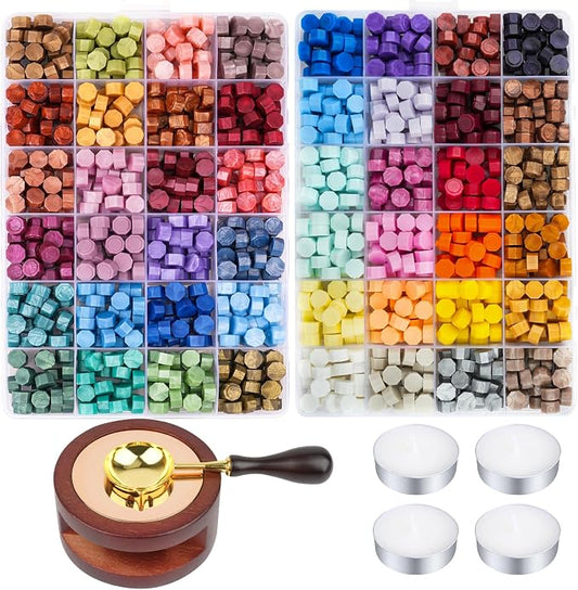 Aottom Wax Seal Kit, 48 Colors 1248 Pcs Sealing Beads with Melting Pot, Spoon, Tea Light Candles, Wax Seal Stamp Kit for Wedding Invitation, Gifts, Envelope, Letter Stamp Sealing and DIY Craft