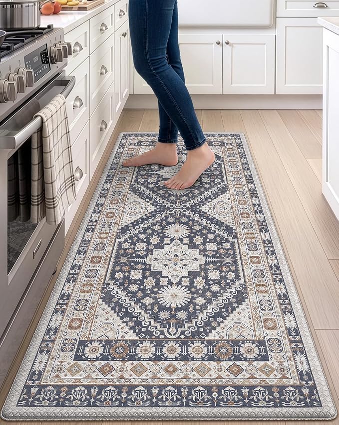 DEXI Kitchen Floor Mats Anti Fatigue, 23x59 Large Cushioned Vintage Runner Rug Waterproof, Standing Comfort Memory Foam Padded for Front Sink Laundry Office, White Grey