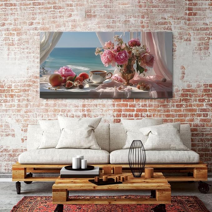 AIYISU Vintage Pink Flower Wall Art Retro Flowers in Golden Vase Pictures Blue Ocean Coastal Landscape Canvas Prints Blossom Painting Poster Floral Artwork Living Room Bathroom Home Decoration 30x60