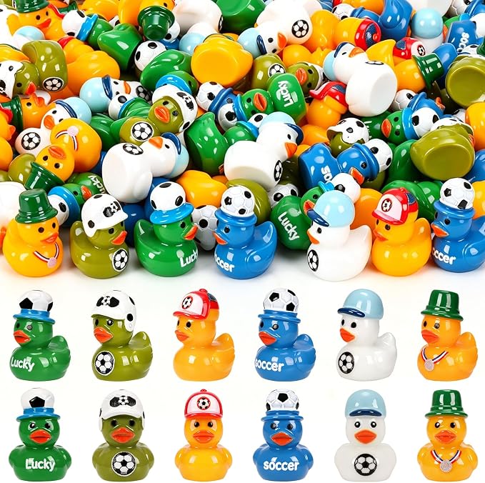 120 Soccer Mini Resin Ducks 6 Styles Bulk Miniature Football Duck Figurines for Soccer Party Favors Team Gifts Goodie Bags Stuffers Tabletop Dollhouse Cake Fairy Garden Micro Landscape Decor