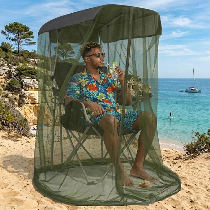 LUWOO 63" H Outdoor Sunshade Mosquito Net, Chair Tent for Outdoors with Waterproof Canopy and Zipper Opening, Fishing Mosquito Net for Fishing Enthusiasts (Military Green)