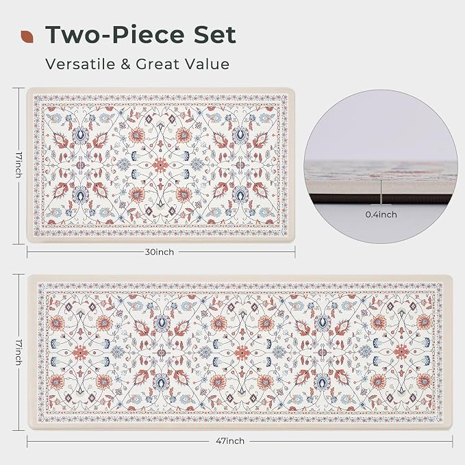 FRESHMINT Vintage Floral Kitchen Mats 2 Piece, 17x30''+17x47'', Beige | Anti-Fatigue, Non Slip, Comfort, Kitchen Decor, Easy to Clean, Waterproof, Perfect for Kitchen, Laundry, Office