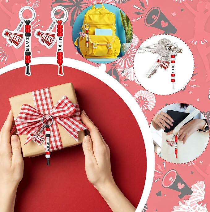 Suncalla 996 Pcs 24 Set Cheer Keychain Making Kit DIY Key Chain Crafts Cheerleader Gifts Cheerleading Bag Charms Adjustable Letter Beads Cards Strings Red Kit for Backpack Team Gift Sport Accessory