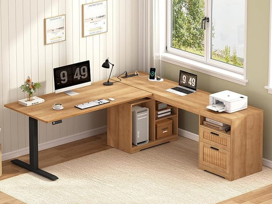 YOMILUVE 66 inch Fluted L Shaped Standing Desk with Storage for Home Office | Corner Electric Standing Desk with Drawers ＆ Storage Shelves, Height Adjustable Computer Desk with Power Outlets, Oak