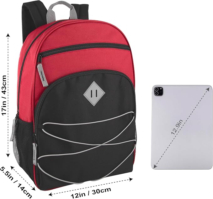 Trail maker Kids Backpacks with School Supplies for Boys, Girls | 30 Piece Back to School Supplies Set with 17" Bungee Backpack (Red & Black)