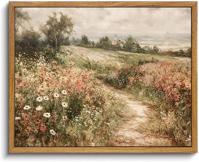 OIQArtOIQ Framed Canvas Wall Art,Vintage Decor,Landscape Nature Country Wildflower Paintings Cottagecore Pictures Modern Artwork Rustic Fall Flower Prints Farmhouse Office Living Room Bedroom Bathroom