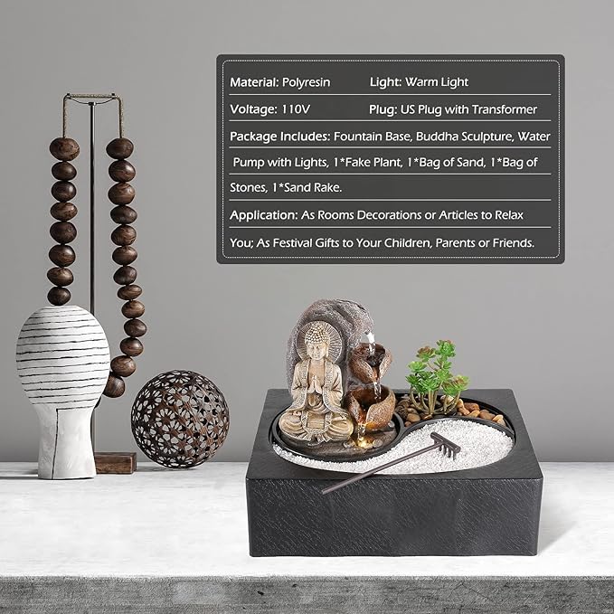 Dyna-Living Water Fountains Indoor Small Tabletop Water Fountain Waterfall Fountain with Zen Garden LED Warm Light Buddha Fountains Indoor for Home Zen Room Decor