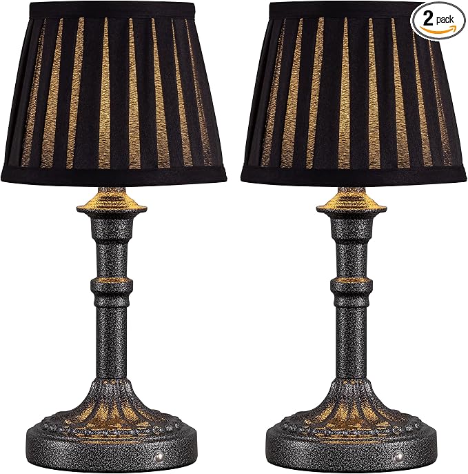 KDG Cordless Portables Table Lamp Set of 2, LED Fabric Shade Small Desk Lamps, 5000mAh Battery Powered Lighting, 2700K Stepless Dimmable Light for Living Room, Dining Room, Bedroom (Mottled Silver)