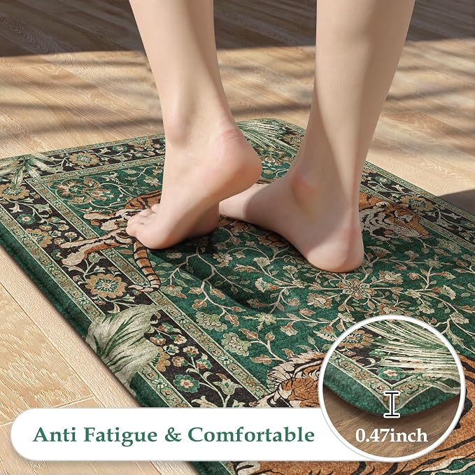 KIMODE Anti Fatigue Mats for Kitchen Floor 17"x47"+17"x29", Cushioned Tiger Kitchen Rugs Sets of 2, Padded Kitchen Floor Mats Non Slip, Comfort Standing Mats for Laundry Office Sink Desk Green