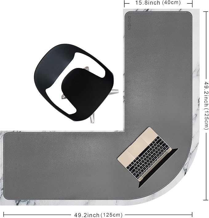 Chihein L-Shaped Desk Pad, Corner Desk Mat (49.2”+ 49.2”) x 15.7”, Computer Office Mouse pad Writing Table Pad for Home Office - Gray/White