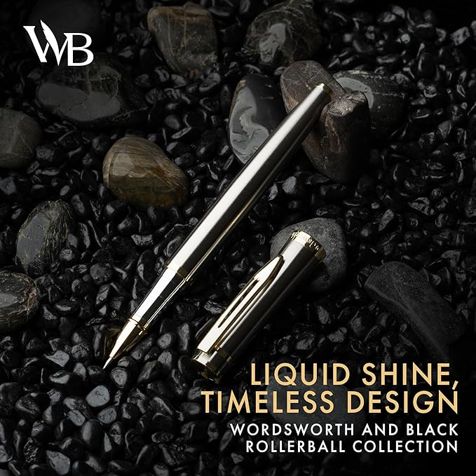 Wordsworth and Black Rollerball Pen - Luxury Pen - 24K Gold Finish, Silver Lacquer, Ink Refill, Refillable Gift for Men & Women, Professional Writing, Nice and Fancy Pens and for Work