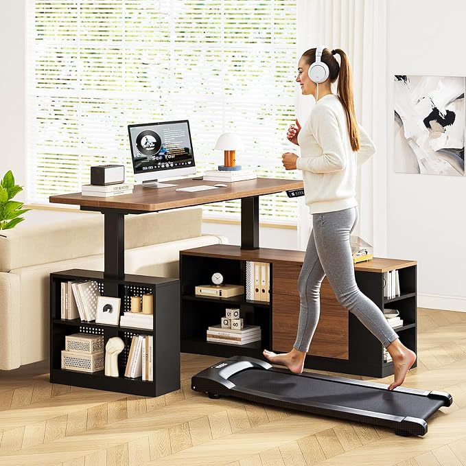 UPOSOJA L Shaped Standing Desk Adjustable Height, 53" Electric Office Desk with File Drawers & Storage Shelves, Sit Stand Corner Computer Desk with Power Outlets, Pegboard, 6 Hooks, Black & Walnut