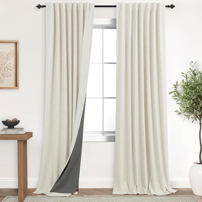 Linen 100% Blackout Black Out Curtains 96 Inch Long 2 Panel Set,Floor to Ceiling Curtain for Living Room,Rustic Pottery Textured Sliding Barn Door Curtain Drapes Bedroom Furniture Decor Cream Beige