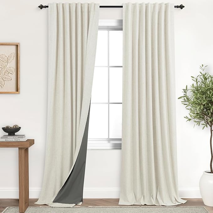 KOUFALL Cream Beige 100 Inch Linen 100% Blackout Curtains, Thermal Insulated Rod Pocket Back Tab Drapes for Living Room Bedroom, 2 Panels Set, 52'' W x 100'' L Inches