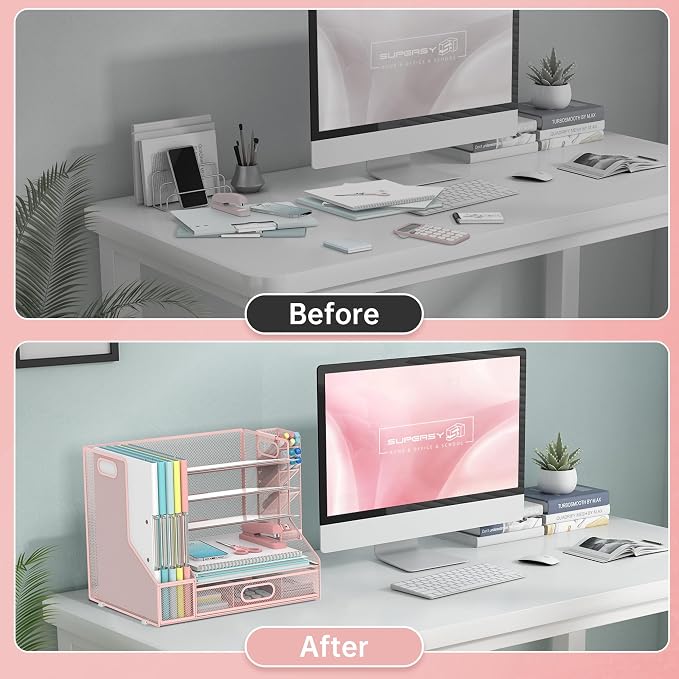 Desk Organizer with 5 Tier File Holder and Sliding Drawer Pen Holder Pink | Paper Letter Tray with 3 Tilted File Sorters to Keep Desk Accessories and Office Supplies within Reach