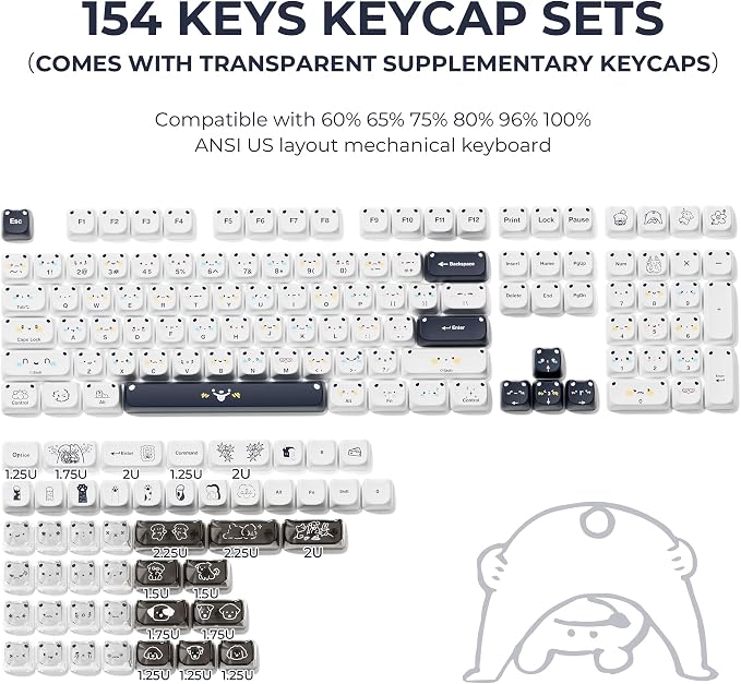 GMKWTL XVX Cute PBT Keycaps, Mao Profile White Puppies Keyboard Keycaps, 154 Keys Keycap Sets with Transparent Key caps Compatible with 65% 75% 96% 100% Cherry Gateron MX Switches Mechanical