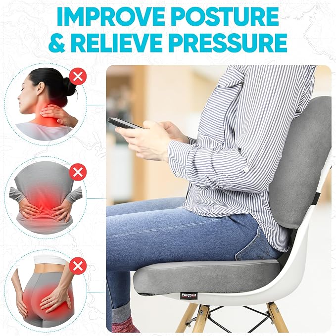 FORTEM Seat Cushion, Office Chair Cushion, Lumbar Support Pillow for Office Chair, Memory Foam Car Seat Cushions, Sciatica Coccyx Tailbone Pain Relief, Cushions for Back Support, Washable, Non Slip