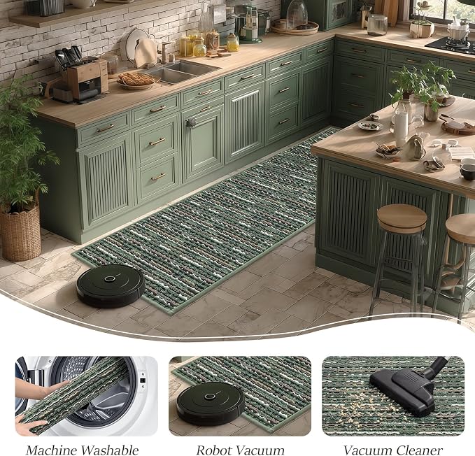 Kitchen Rugs Sets of 2-Non Slip Kitchen Mats for Floor-Thick Stain Resistant Vintage Kitchen Floor Mat Runner Carpet for Hallways Entryway Laundry Room Washable（Green 24"x70"+20"x47"）