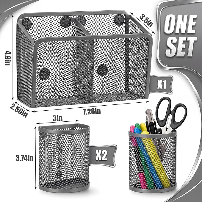 Marspark 3 Pcs Magnetic Pen Holder Set Metal Pencil Holder with Strong Magnets Wire Mesh Storage Basket Organizer for Locker Accessories Whiteboard Refrigerator School Office Dorm(Grey)