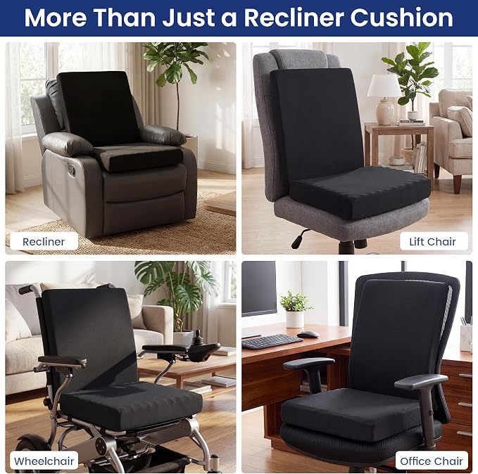 Recliner Seat Cushion, Egg Foam Creat Seat Cushion & Memory Foam Back Pad | Pressure Relief Chair Cushion for Elderly, Wheelchair, Office Chair, 20x20x4in Seat, 20x22x3in Back, Black