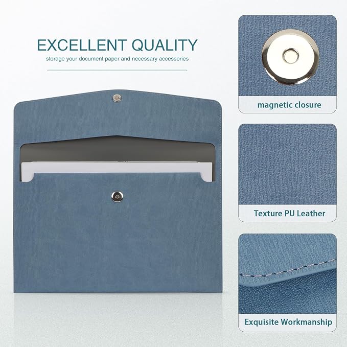 FYY File Folder, PU Leather A4 Document Holder File Organizer Filing Envelope Portfolio Case Tablet Sleeve with Magnetic Snap Closure for Home School Office Stationery Blue