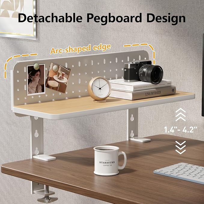 Clamp on Desk Extender Shelf, 22" Desk Riser with Pegboard | Heavy-Duty Side/Top Desk Organizer Shelf for Office Accessories, Monitor and Laptop Riser, Light Wood