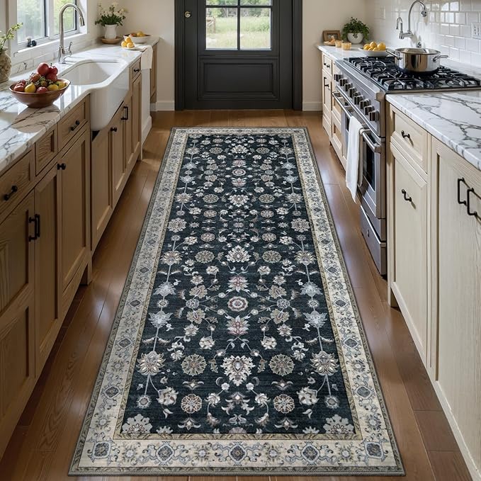 Tangsoo Black 2x5 Rug Runner, Vintage Washable Runner Rug for Hallways Non Slip, Floral Oriental Soft Low Pile Rugs Runner, Boho Print Carpet Runners for Kitchen Bedroom Entryway Bathroom Living Room