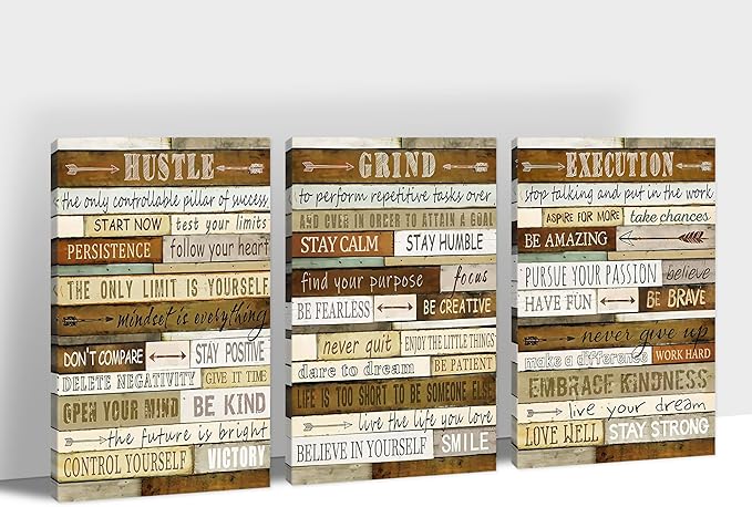 3 Piece Inspirational Wall Art, Motivational Quotes Canvas Art Prints for Gym Decor, Office Wall Art HUSTLE GRIND EXECUTION Pictures, Inspiring Poster Framed Artwork for Home Office Decor 12”x18”x3Pcs