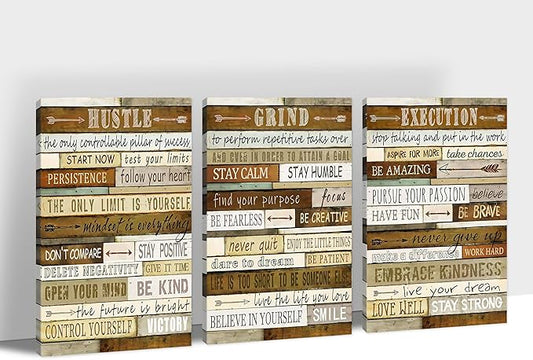 3 Piece Inspirational Wall Art, Motivational Quotes Canvas Art Prints for Gym Decor, Office Wall Art HUSTLE GRIND EXECUTION Pictures, Inspiring Poster Framed Artwork for Home Office Decor 12”x18”x3Pcs