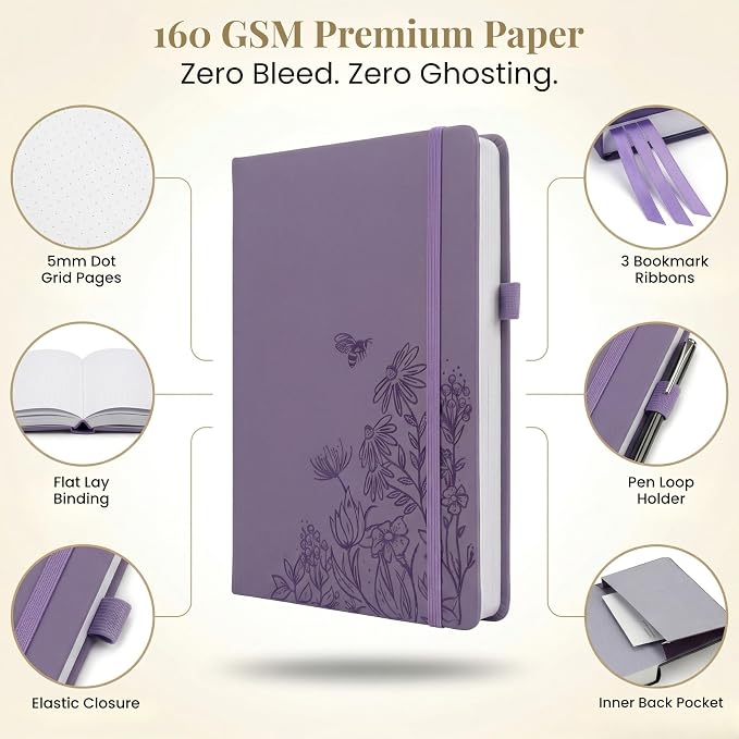 VIVID SCRIBBLES A5 Bullet Dotted Journal – 160GSM Bleed-Proof Dot Grid Notebook with 200 Numbered Pages, Lay-Flat Hardcover, Pen Loop & Expandable Pocket, Lilac