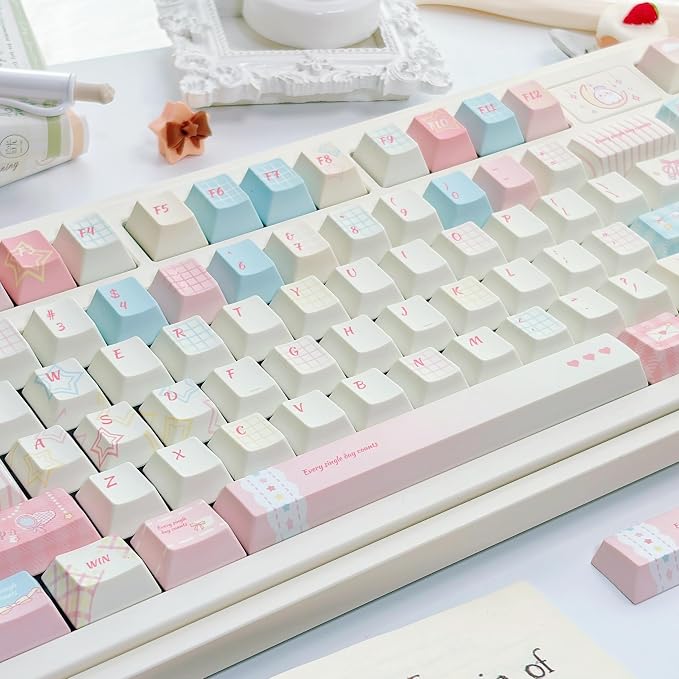 Blue Pink Gingham Keycaps 143 Keys, PBT Keycap Set Cherry Profile, Cute Custom Keycap, Dye-Sublimation Key Caps for Cherry MX Switches Mechanical Gaming Keyboard 60% 75% 100%