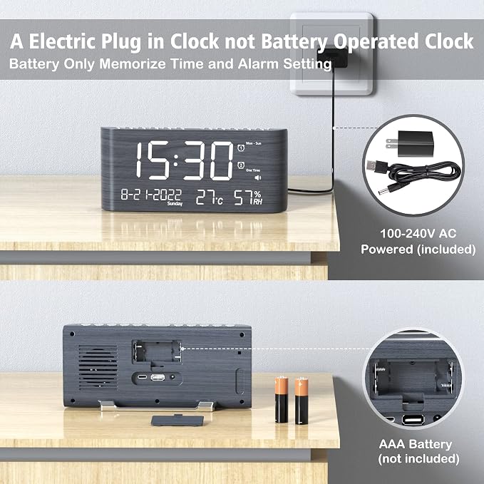 Mesqool Digital Alarm Clock, with Calendar Temperature and Humidity | Loud Volume, Dual Alarm, USB and Type-C Charging Ports, Dimmer, 12/24H, Snooze, Stylish Digital Clock for Décor