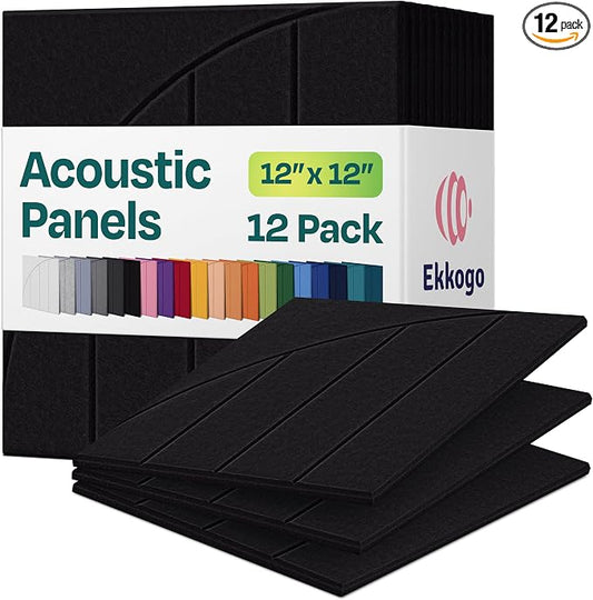 Acoustic Panels 12-Pack Soundproof Wall Panels 12"x12"x0.4" Decorative Sound Dampening for Your Home, Office, Studio, Bedroom & More with Unique ModuArc Carving [Deep Black]