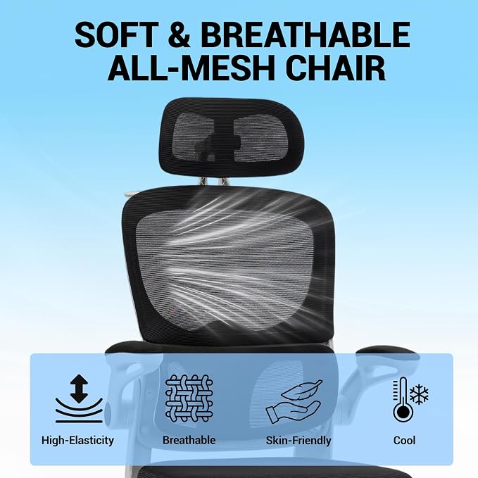 Ergonomic Office Chair with Flip-up Arms, Grey | Home Desk Chair w/ Coat Hook, Adjustable Headrest and Lumber Support, Mesh Computer Gaming Chair, 330 LBS