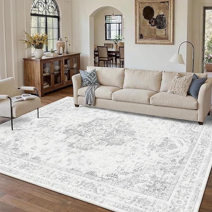 8x10 Vintage Washable Area Rugs Boho Medallion Large Distressed Retro Accent Carpet Floral Non-Slip Soft Low Pile Indoor Throw Rug for Living Room Bedroom Dining Room Office Kitchen, Gray