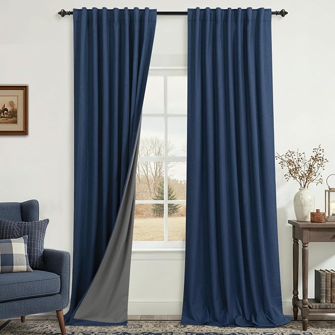 KOUFALL Navy Blue Curtains 108 Inches Long Blackout Linen Back Tab Pleated Drapes for Living Room Dining Room 2 Panels Set