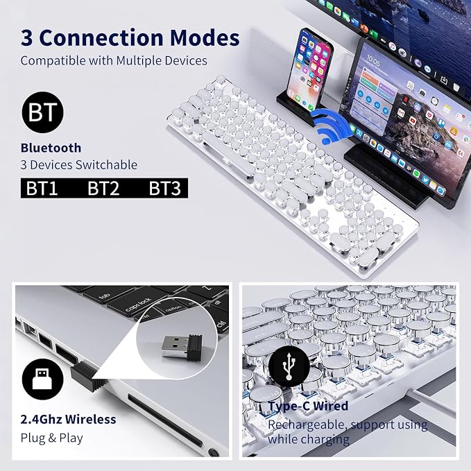 SEUNKWANG EWEADN TK950 Typewriter Keyboard Wireless Mechanical Keyboard, 104 Keys Aesthetic Typewriter Keyboards with White Backlit, Anti-Ghosting, Blue Switch Bluetooth/2.4GHz/Wired Keyboards-White