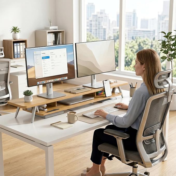 Fenge Dual Monitor Stand Riser, Wooden Desk Shelf with 2-Tier Storage | 47.3-Inch Extra Wide, Sturdy Aluminum Legs, Built-In Phone & Tablet Slot, Desktop Organizer for Office Accessories